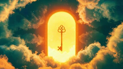 A golden key shines within a light-filled archway, surrounded by ethereal, cloudy atmosphere - Powered by Adobe