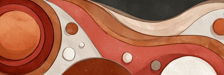 A vibrant abstract artwork featuring warm colors, with flowing lines and various circular elements, creating a dynamic composition.