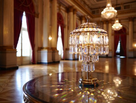 Elegant crystal table lamp on polished wood table in grand ballroom