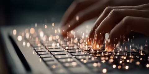 Person is typing on a keyboard with a lot of glowing lights. Concept of excitement and energy