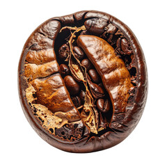 Macro view of a roasted coffee bean revealing its intricate inner structure and raw beans