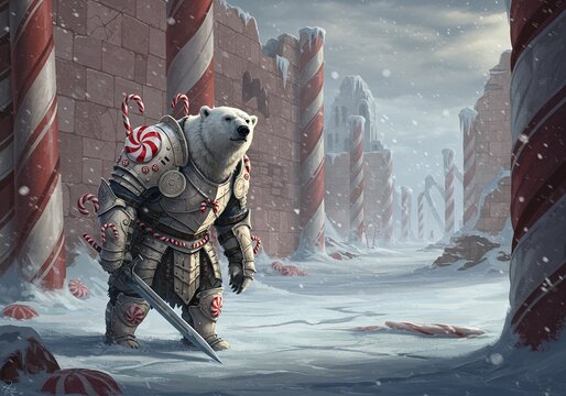 Armored polar bear warrior in a snowy candy cane forest - Powered by Adobe