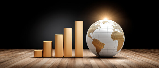 Golden bar chart rising beside illuminated globe investment concept showing global growth and financial success with warm lighting and wooden floor