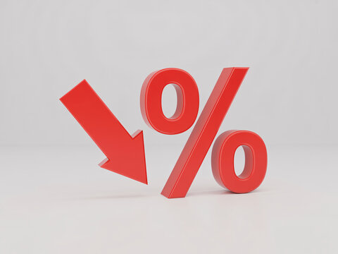 Dramatic red percentage sign with downward arrow signaling decrease, perfect for finance visuals and sale promotions, capturing market trends and economic shifts