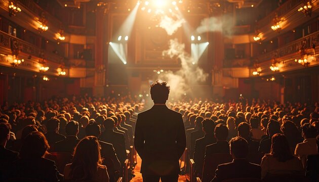 A person stands on a stage facing a large, seated audience in a grand, old-fashioned theater with warm lighting. Smoke rises