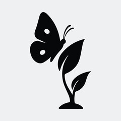 Silhouette butterfly perched on plant with leaves vector illustration