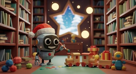 Cute robot wearing santa hat assembling a toy train in a library