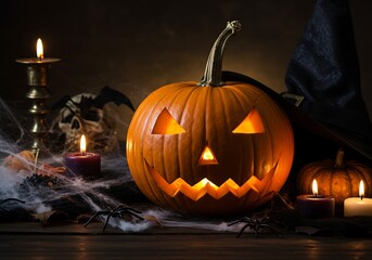 Fototapeta premium A glowing jack-o'-lantern surrounded by lit candles, spiderwebs, and a witch's hat, creating a spooky Halloween atmosphere.