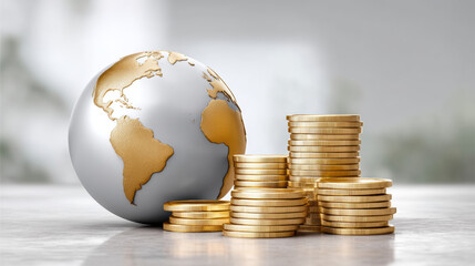 Gold and white globe with stacked gold coin pile representing global investment growth and financial strategy in concept image