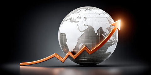Global financial growth concept showing investment arrow rising around metallic globe conveying optimistic economic expansion