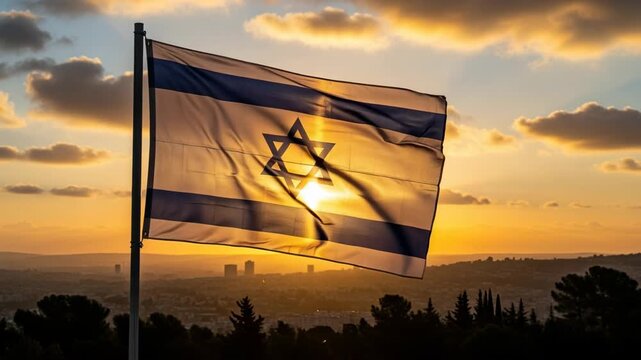 Nation Flag of Israel waving against a vibrant sunset, Jewish Memory Day. Hanukkah, Passover, Shavuot, Yom Kippur holiday. Happy Independence Day of Israel. Patriotic concept