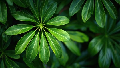 Fototapeta premium Lush Green Schefflera Leaves With Radial Pattern In Tropical Garden Setting, Emphasizing Vibrant Foliage And Natural Beauty. Focus On Detail.