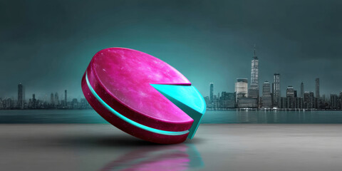 Vibrant magenta and teal 3D pie chart slice reflective surface with urban skyline dusk conveying investment growth and modern finance optimism