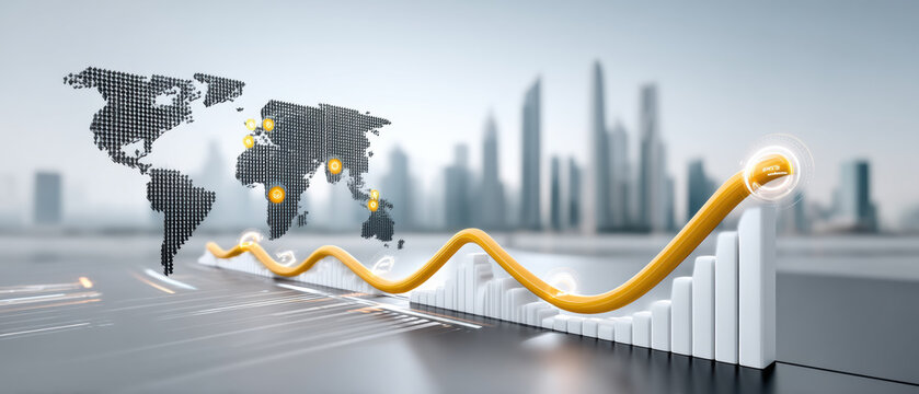 Global investment growth trend chart with rising yellow line and bar graph showing financial success and international market expansion
