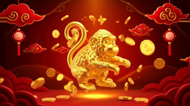 Animated Golden Monkey Jumping with Coins Falling on Red Chinese New Year Background