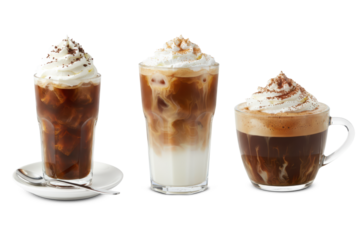 Three coffee drinks topped with whipped cream — iced black coffee, iced latte, and hot mocha — arranged on a clean white background, studio lighting