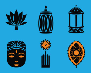 Abstract Indian cultural and spiritual symbols featuring a lotus, Buddha face, mudra, and traditional ornaments in black and orange on a vibrant blue background.
