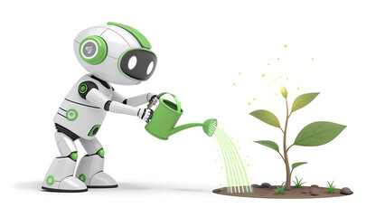 Obraz premium Friendly robot watering a small green plant in a concept of future agriculture and growth
