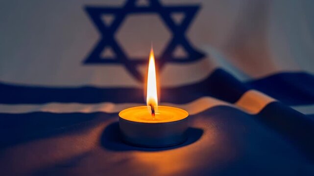 candle burning against Israel flag with star of David. Memorial Day. Independence Day of Israel, National mourning, Hanukkah, Passover, Shavuot, Yom Kippur holiday - Powered by Adobe
