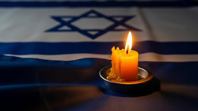 candle burning against Israel flag with star of David. Memorial Day. Independence Day of Israel, National mourning, Hanukkah, Passover, Shavuot, Yom Kippur holiday