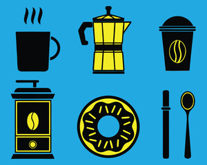 Coffee and breakfast items: steaming mug, moka pot, takeout cup, grinder, glazed donut, spoon, and stirrer.