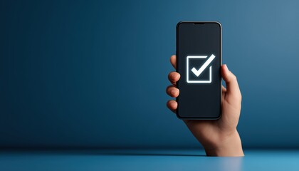 Satisfaction Voting With Checkmark: Approval Of Customer Choices By Confirming With Hand Finger On Smartphone Screen.
