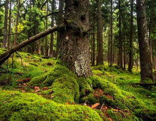 A lush forest scene with thick moss surrounding the base of a large tree. Sunlight filters, illuminating the vibrant greens and dark trunks