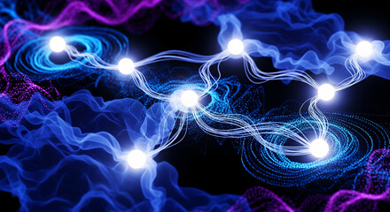 Abstract futuristic digital network visualization showcasing glowing energy nodes and vibrant flowing data streams, symbolizing complex technology and interconnected data pathways