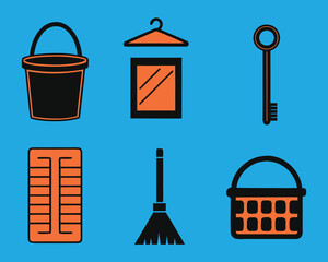 Concise black and orange icons of household items: bucket, broom, key, hanger, radiator, basket. Simple home essentials on blue background.