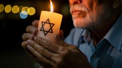 Person holding a candle adorned star of David. Independence Day of Israel, Memorial Day. Soft bokeh lights background. National mourning, Hanukkah, Passover, Shavuot, Yom Kippur holiday