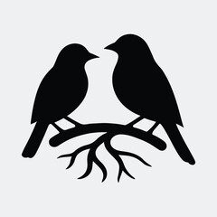 Silhouette two birds sitting on a branch black vector illustration