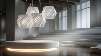 Contemporary Interior Design: The image showcases a modern interior design, featuring a minimalistic stage and pendant lights. The design focuses on geometrical patterns, lighting, and materials.
