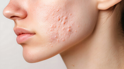 Obraz premium Close-up of a person's face, focusing on the skin texture and some skin concerns. The face is pale, showing some textural imperfections on the cheek.