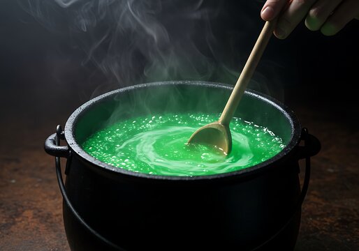 A hand stirs a vibrant green, bubbling potion in a black cauldron, emitting steam in a dark, mysterious setting, evoking a sense of magic and witchcraft.