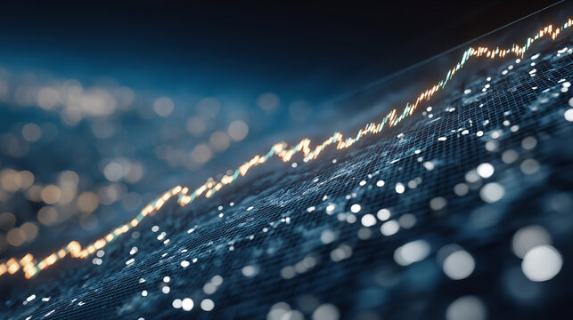 Financial Growth: A vibrant visualization of financial data surges upward, symbolized by glowing lines and dynamic movement, capturing the essence of growth and economic prosperity.