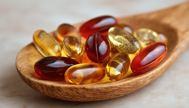 Wooden Spoon Filled With Vitamin Capsules: Soft Gels, Fish Oil Capsules, Omega 3, Omega 9, Vitamin D, And Vitamin E.