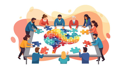 Diverse team collaborating to solve a colorful brain-shaped jigsaw puzzle, symbolizing collective intelligence and brainstorming.