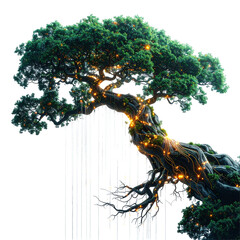 Enchanted ancient tree adorned with glowing lights and delicate strands, suggesting magic and wonder.