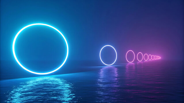 Glowing neon rings in a futuristic tunnel with blue and pink light reflections on water
