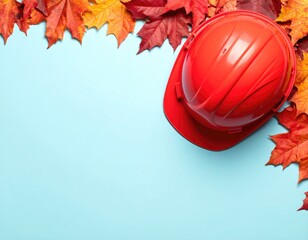 Red hard hat with autumn leaves on blue background for construction safety.