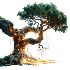 Magical ancient tree glowing with enchanting golden lights and mossy roots