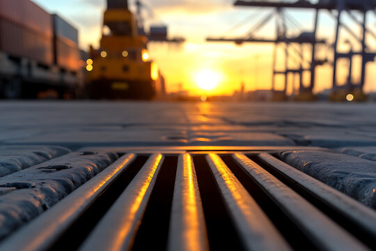 Golden sunset at the docks, viewed through a grate. Gantry cranes and shipping containers silhouetted in the background. Industrial, warm, and serene.