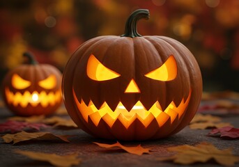 Fototapeta premium Two glowing jack-o'-lanterns with carved faces and autumn leaves, set against a blurred background of warm orange lights, celebrating Halloween.
