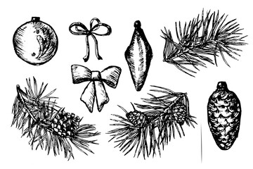 Vector set of Merry Christmas and Happy New Year decoration elements. Vintage linear sketch of pine branch with cone, christmas ornaments balls, festive bows, tree toys. Engraving for 2025, 2026 years