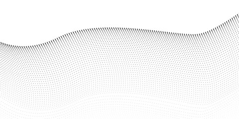 Flowing dots particles wave pattern 3D curve halftone black gradient curve shape isolated on white background. Vector in concept of technology, science, music, modern wave classic