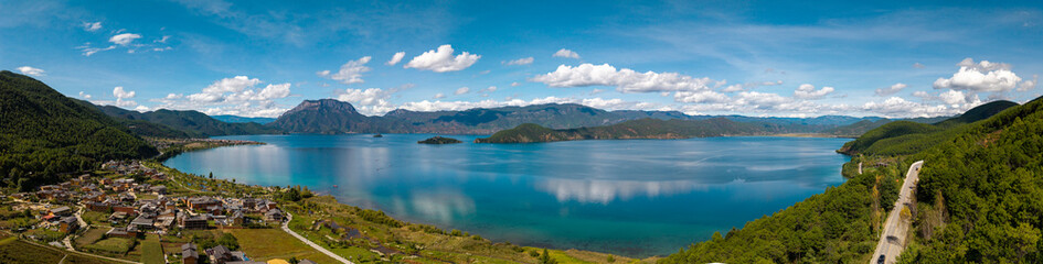 Fototapeta premium Panoramic view of natural scenery of Lugu Lake in Liangshan Yi Autonomous Prefecture, Sichuan Province, China