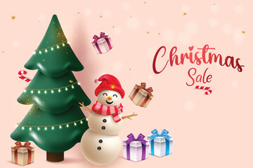 Realistic Christmas Tree With Hanging Lights, Snowman And Giftboxes On Beige Color Background. Xmas Festive Sale Banner For Offer Promotion, Greetings Card, Website, Advertisement, E-commerce.