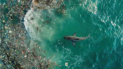 Drone image of a big shark swimming in an ocean with polluted waters full of floating garbage.