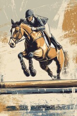A water color illustration of an equestrian jumping over an obstacle, using delicate lines and a muted color palette.