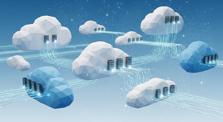 Abstract cloud computing network with digital data streams connecting servers in a sky-like environment